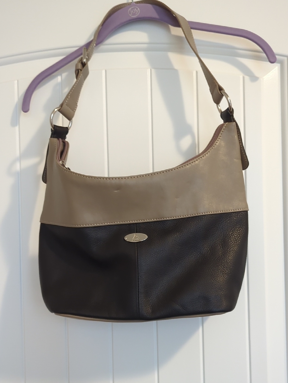 Aurielle Two-Tone Taupe and Black Leather Shoulder Bag